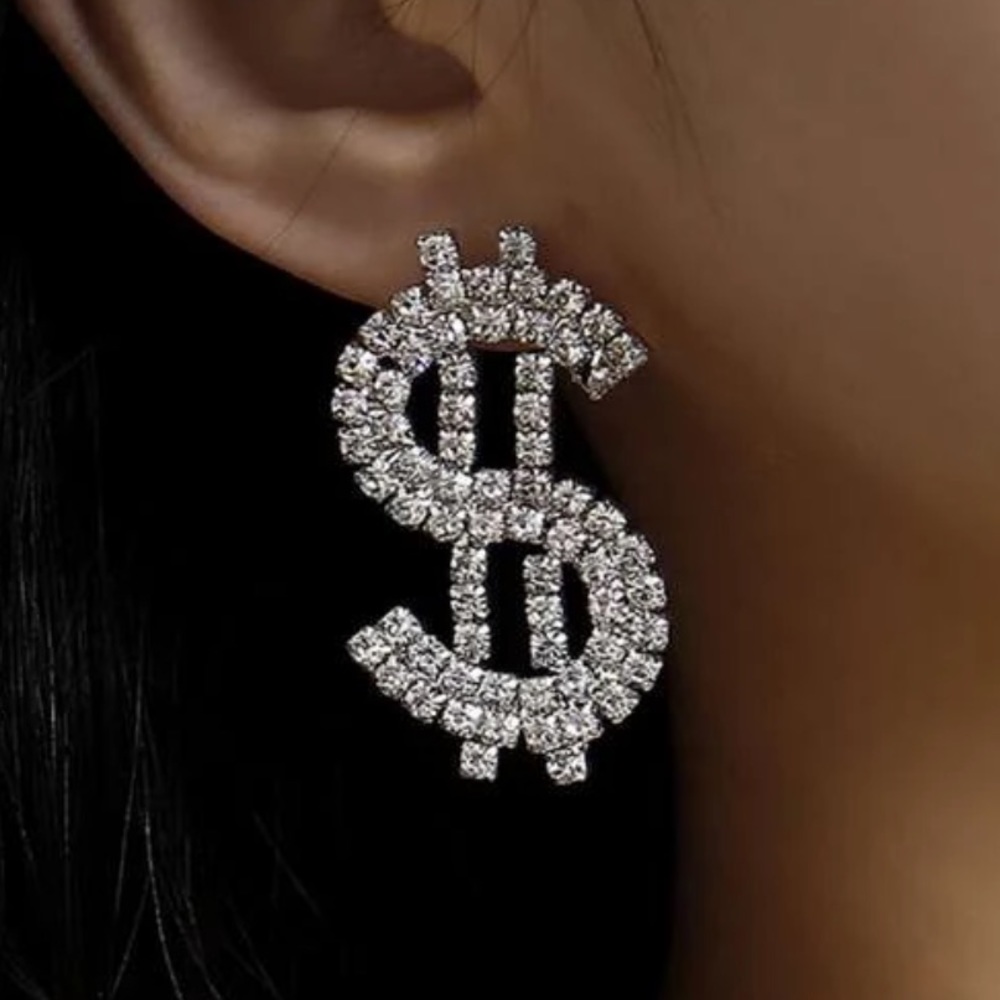 💲Icy Bling Money Sign Silver Earrings
